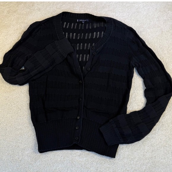 Anne Klein Black Button Down Cardigan Hickory Striped Knitted Pattern Size Large - Picture 1 of 6
